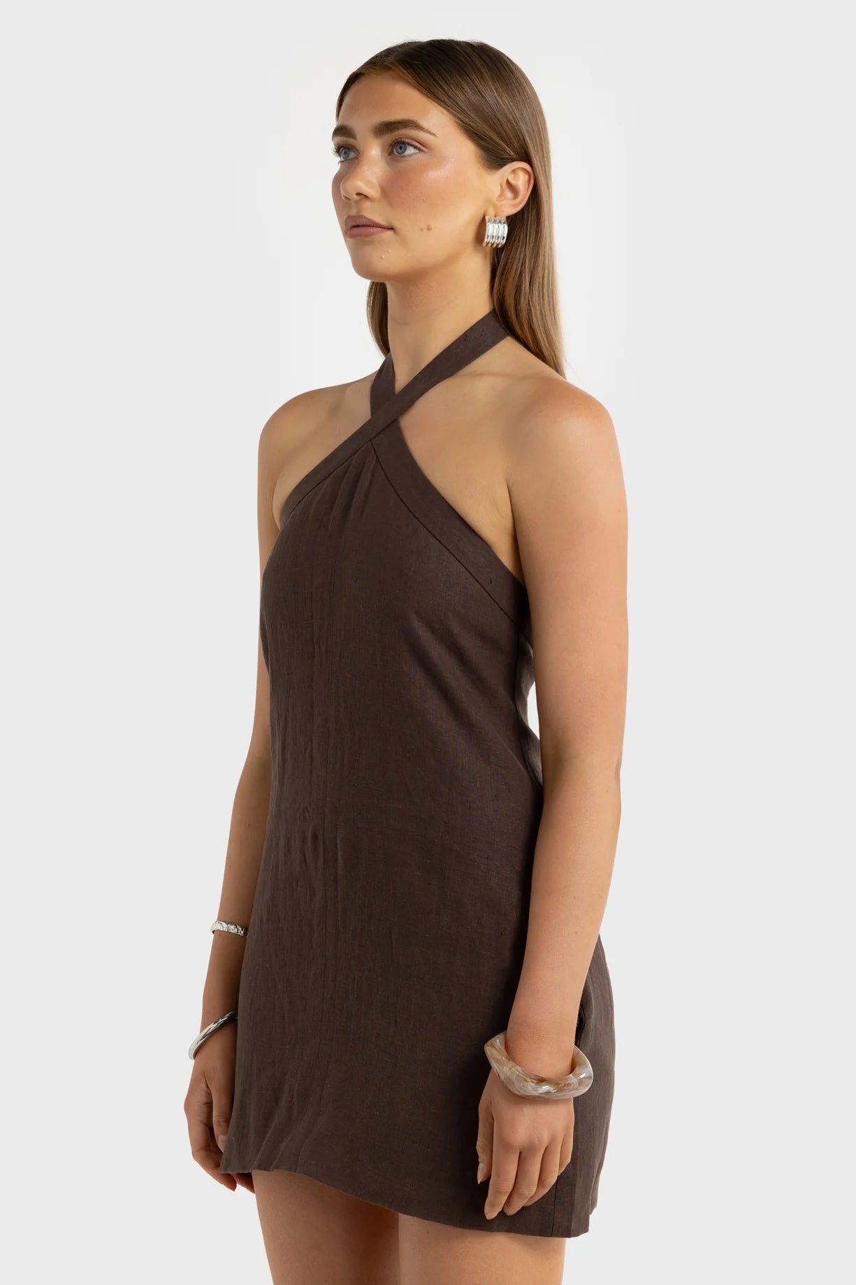 Millie Linen Halter Mini Dress Carob