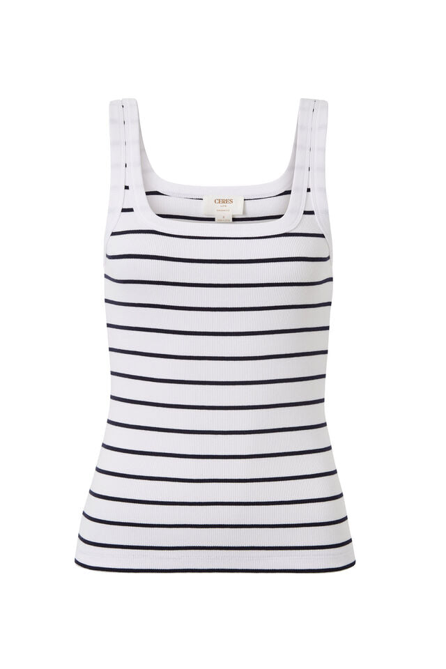 Ceres Life Contour Rib Square Neck Tank White / New Navy