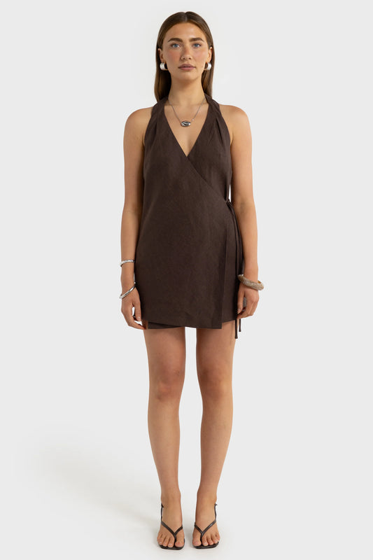 Elise Wrap Mini Dress Carob