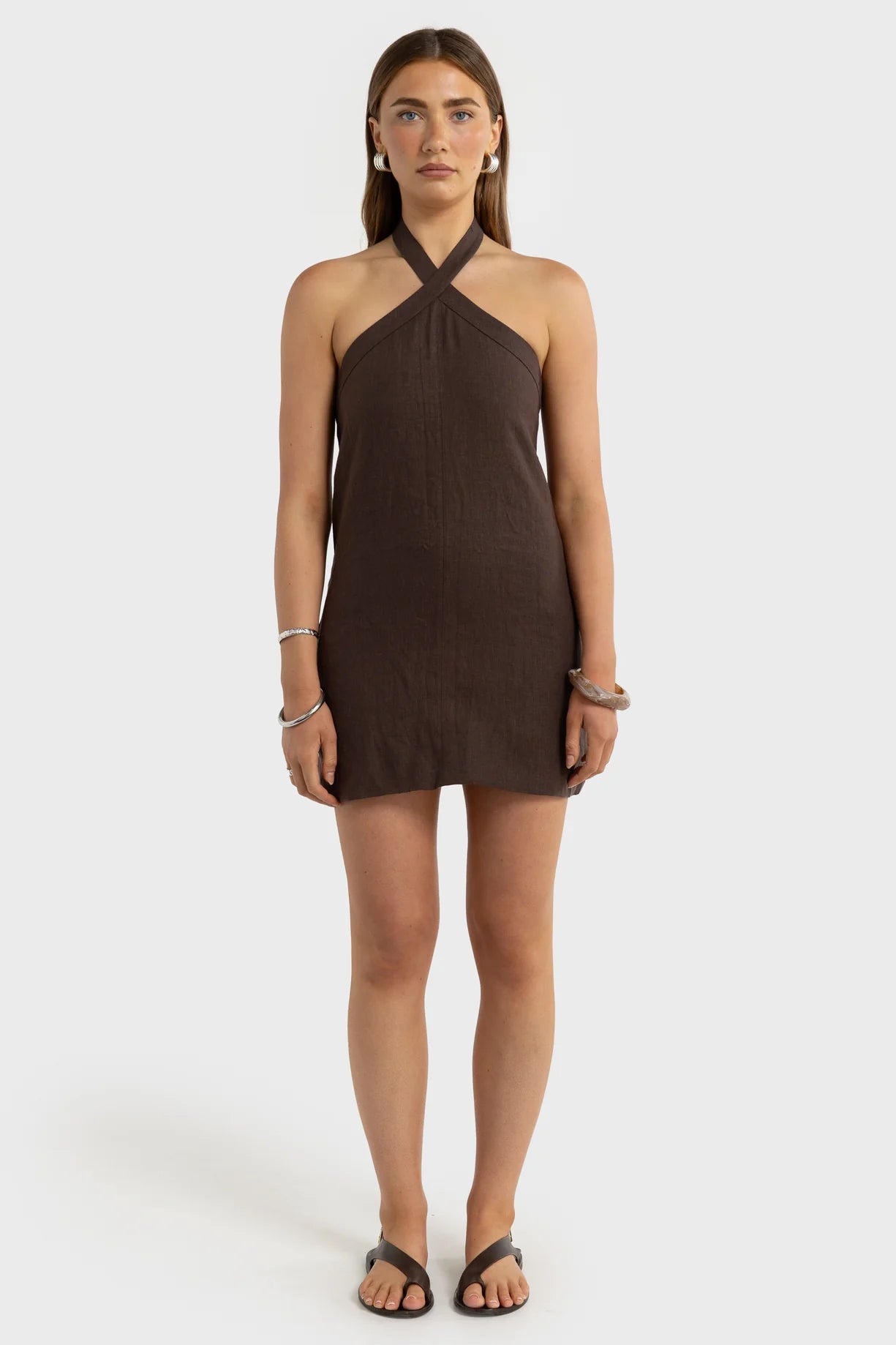 Millie Linen Halter Mini Dress Carob