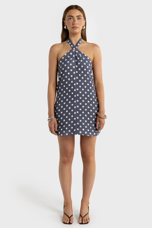 Millie Halter Mini Dress Harbour Blue Polkadot